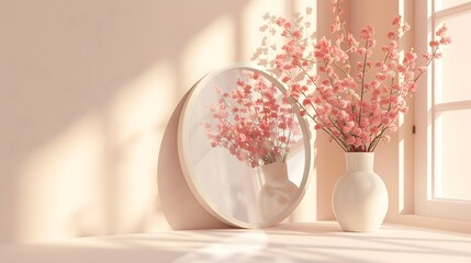 A room for dressing or putting on makeup has a mirror and minimalist decorations. Muji, warm light, pleasing colors