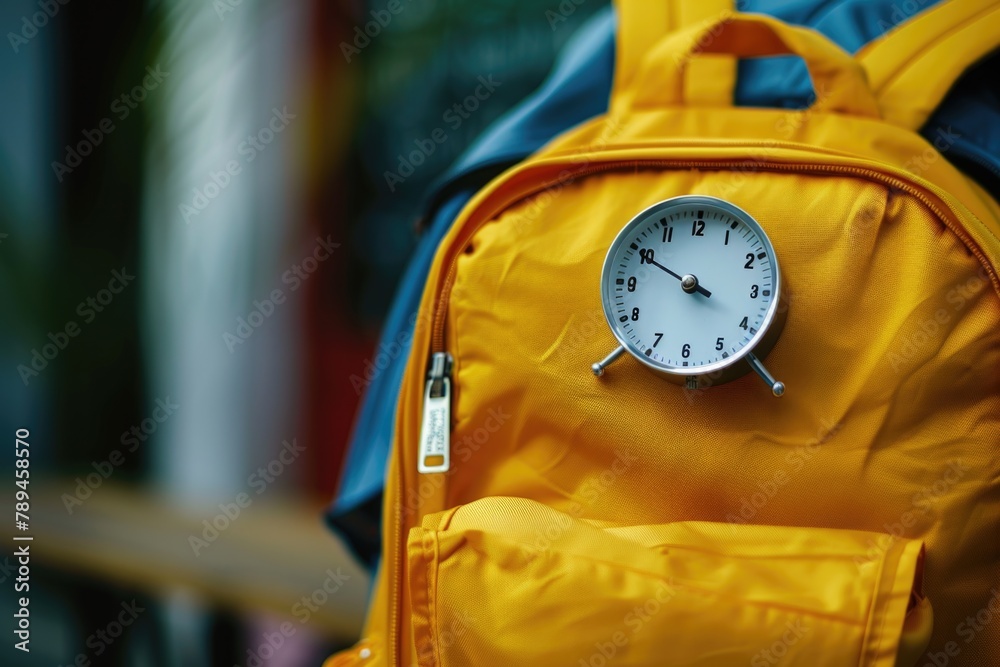 Poster A yellow backpack with a clock attached. Perfect for time management concepts