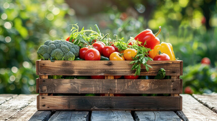 wooden box full of colorful vegetables on table in a garden. wooden crate of farm fresh vegetables