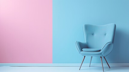 Blue chair against pastel on pink and blue background