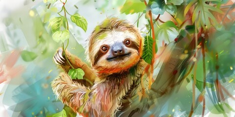 Naklejka premium A sloth hanging from a tree branch. Suitable for nature or wildlife themes