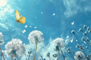 Beautiful yellow butterfly flying over a field of colorful flowers. Perfect for nature and springtime concepts