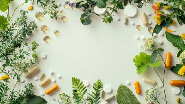 Background with different dietary supplements, and herbs arranged in a circle with empty space inside. Natural and alternative medicine concept.