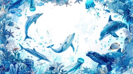 A group of dolphins swimming gracefully in the ocean. Ideal for marine life concepts