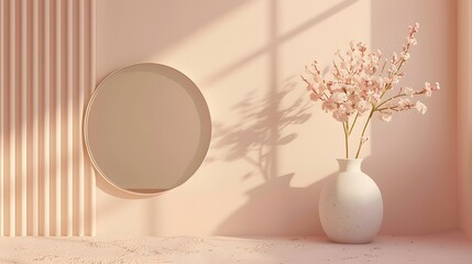 A room for dressing or putting on makeup has a mirror and minimalist decorations. Muji, warm light,...