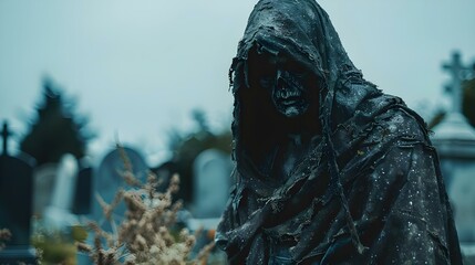 Mysterious Shrouded Specter in Cemetery. Concept Halloween Spirit, Eerie Setting, Haunting Portrait, Cemetery Scene, - obrazy, fototapety, plakaty