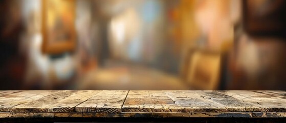 Wooden vintage table in an interior galerie room. Lights on ceiling. Blurred artistic paintings in...