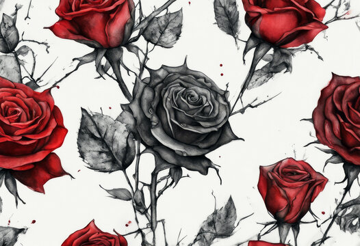 Details Red Made Thorns Black Ink Illustration Roses Rose Thorn Pattern Detail Dark Tattoo Swirl Leaf Silhouette Olive Valentine Rock Music Metal Gothic Romantic