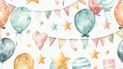 Fototapeta premium Bright and whimsical watercolor illustration of balloons and stars, perfect for celebrations and decorations