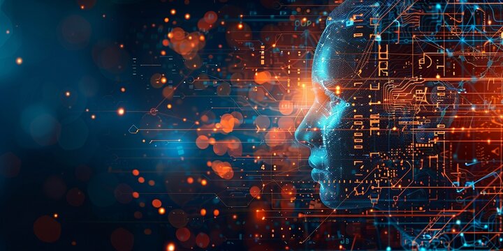 Ai button concept glowing blue and orange circuit board pattern. future concept