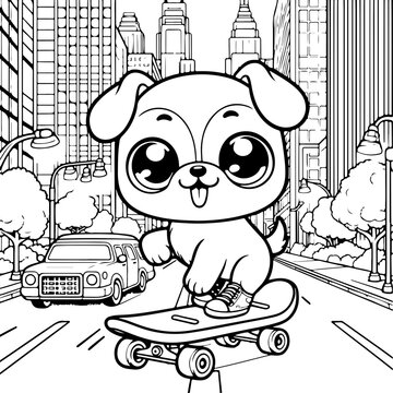 Chien ou chiot dessin anim&eacute; style cartoon - manga - kawaii pour page ou livre de coloriage pour enfant. Isol&eacute; du fond, dessin au trait noir totalement transparent et pr&ecirc;t a colorier et ajuster. 