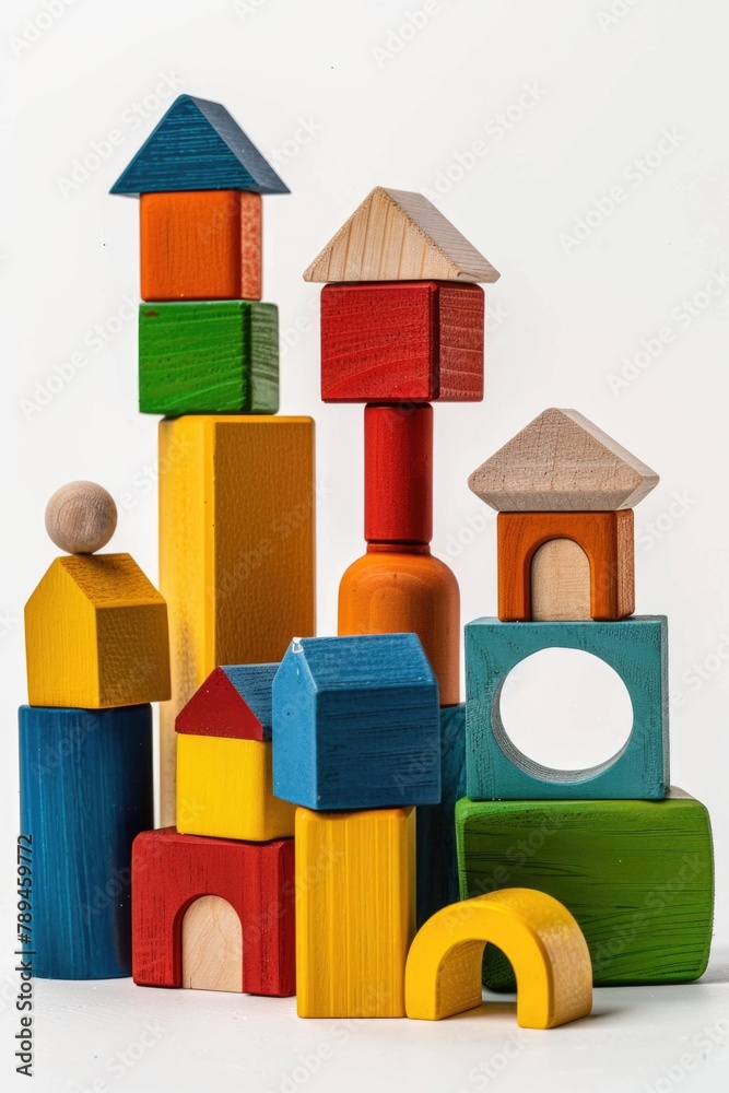 Poster a pile of wooden blocks stacked on top of each other. great for educational and construction concept