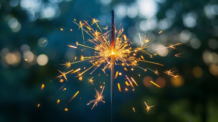 Mesmerizing Sparkler with Glowing Sparks on a Bokeh Green Night Background for Festive Celebrations.
