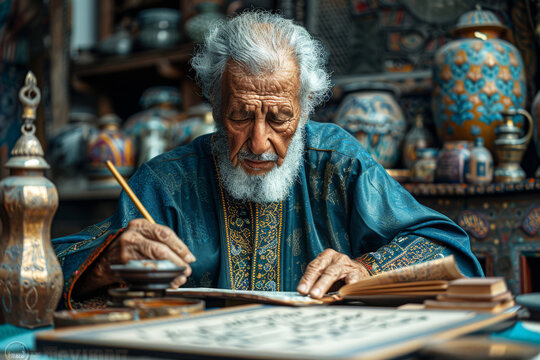 Elderly male arabic calligrapher meticulously writes verses from the Quran with traditional ink and brush