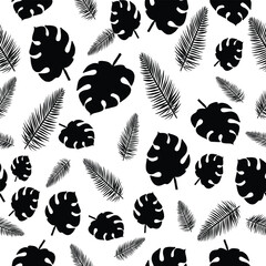 Vector Flat Style Silhouette Palm Leaves Seamless Pattern on White Background. Silhouette Leaves Texture. Tropical palm leaves, jungle leaves seamless vector floral print textile background