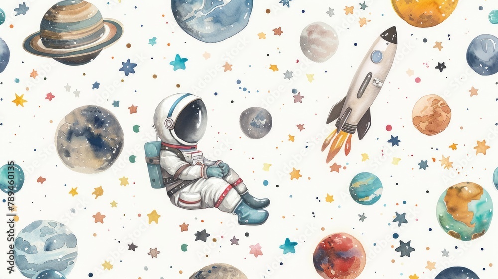 Poster Watercolor painting of an astronaut in outer space. Suitable for science and technology projects