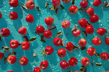 Rolgordijnen Fresh Red Apples Floating in Water with Glistening Droplets Organic Fruits Background with Copy Space © SHOTPRIME STUDIO