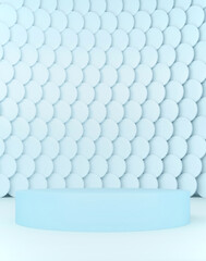 Tender light blue abstract product presentation podium on fish scale like pastel background; simple mock up pedestal with blue mosaic background in minimal style, 3d rendering, 3d illustration