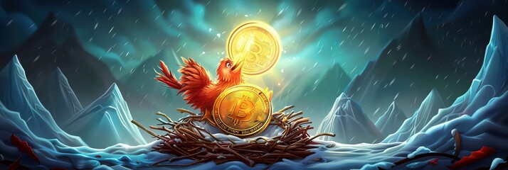 A Bitcoin bird builds a nest out of precious coins, its tiny beak carefully weaving together a home of digital wealth