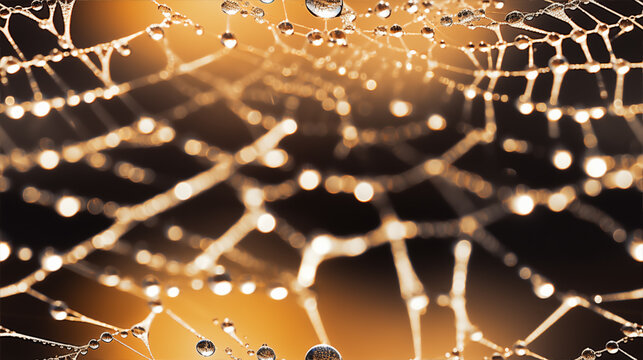 Macro photograph of intricate spider web with dewdrops glistening in sunlight