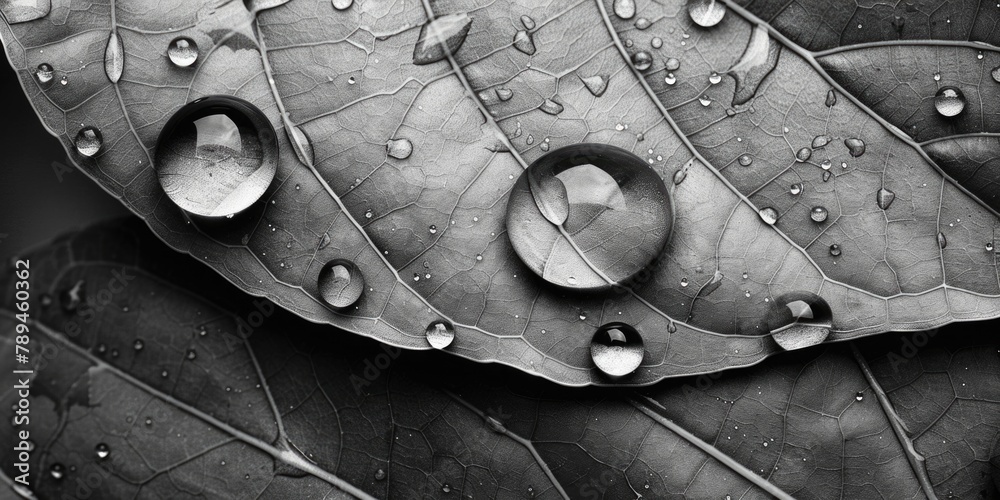 Poster close-up of a leaf with water droplets, suitable for nature and environmental concepts
