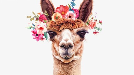 Obraz premium A cute llama wearing a flower crown, perfect for animal lovers and nature enthusiasts