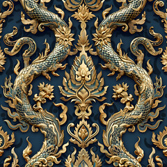 A gold and blue dragon with intricate designs and patterns. The dragon is surrounded by flowers and leaves, giving the impression of a luxurious and ornate piece of art. Generative AI