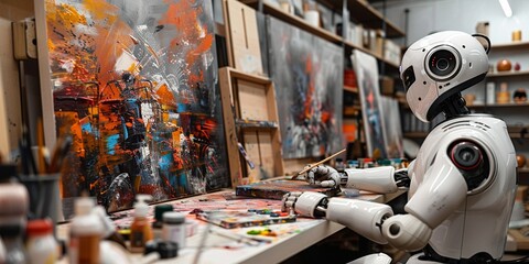 An ai robot is painting on a canvas. concept of future.