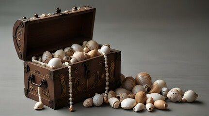 Wooden chest with shells and beads on wooden background.generative.ai 