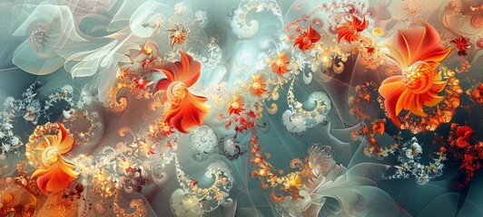 Abstract fractal patterns and shapes. Dynamic flowing natural forms. Flowers and spirals. Mysterious psychedelic relaxation pattern. generative ai - obrazy, fototapety, plakaty