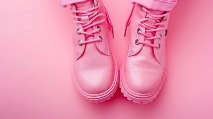 Boots for a girl on a pink background Top view