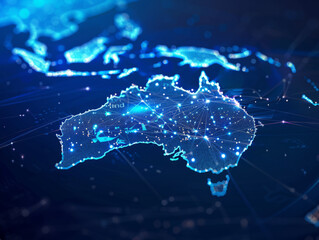 Electronic map of Australia, illustrating worldwide connectivity and links, data sharing and cyber advancements, business interactions, intelligence and telecommunication.  - obrazy, fototapety, plakaty