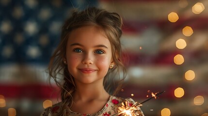 Young girl with a captivating gaze holding a sparkler, American flag glowing in the backdrop, evoking joy of Independence Day. - obrazy, fototapety, plakaty