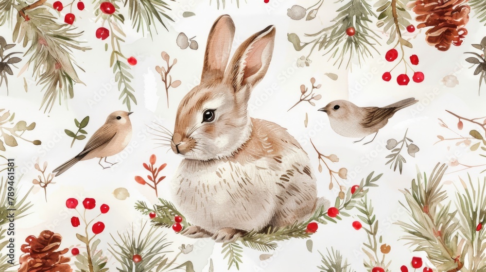 Poster watercolor painting of a cute rabbit surrounded by two colorful birds. suitable for various design p