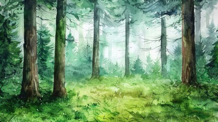 Obraz premium A beautiful watercolor painting of a serene forest scene. Perfect for nature lovers and home decor
