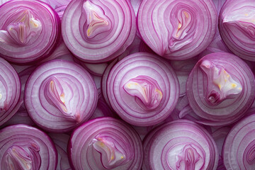 Pattern of sliced red onions on white surface for culinary background or food concept photography