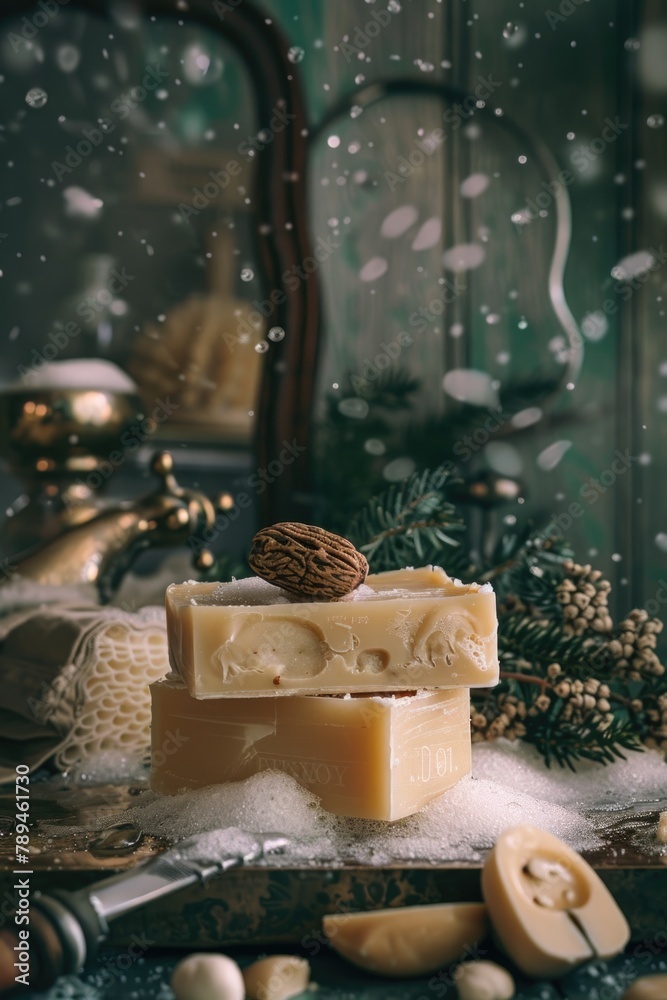 Poster A pile of soap sitting on top of a table. Suitable for hygiene and cleaning concepts