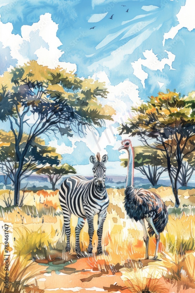 Poster a zebra and an ostrich standing in a field. suitable for nature and wildlife themes