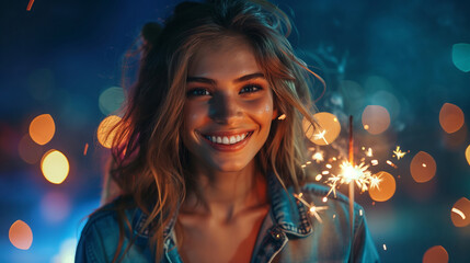 Obraz na płótnie Canvas Captivating portrait of a young woman with sparkler, aglow with joy amid a dreamy bokeh of festive lights.