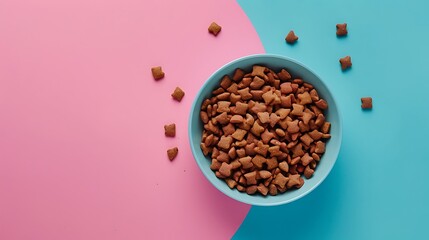 Cat dry food in a bowl on pink and blue background