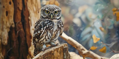 A small owl perched on a tree stump. Ideal for nature and wildlife concepts