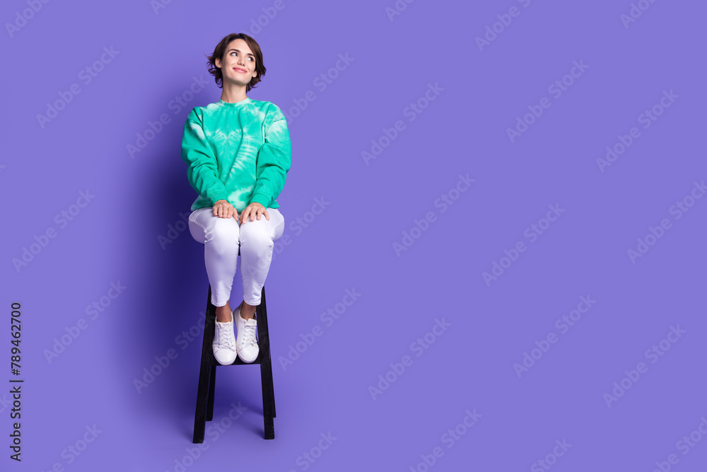 Sticker full size photo of attractive young woman sit chair look empty space dressed stylish green clothes i