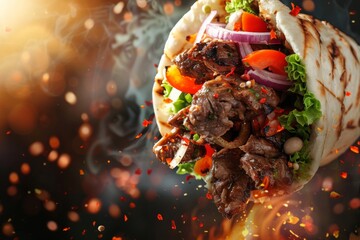 flying  grilled beef  or chicken  shawarma doner sandwich with flying spices, hot ready to serve and eat food commercial advertisement menu banner with copy space area - obrazy, fototapety, plakaty