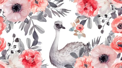 Watercolor painting of an ostrich among colorful flowers, suitable for nature themes