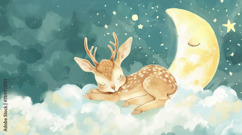 Aufkleber A peaceful image of a deer sleeping on a cloud with the moon in the background. Suitable for various nature or dreamy themed projects