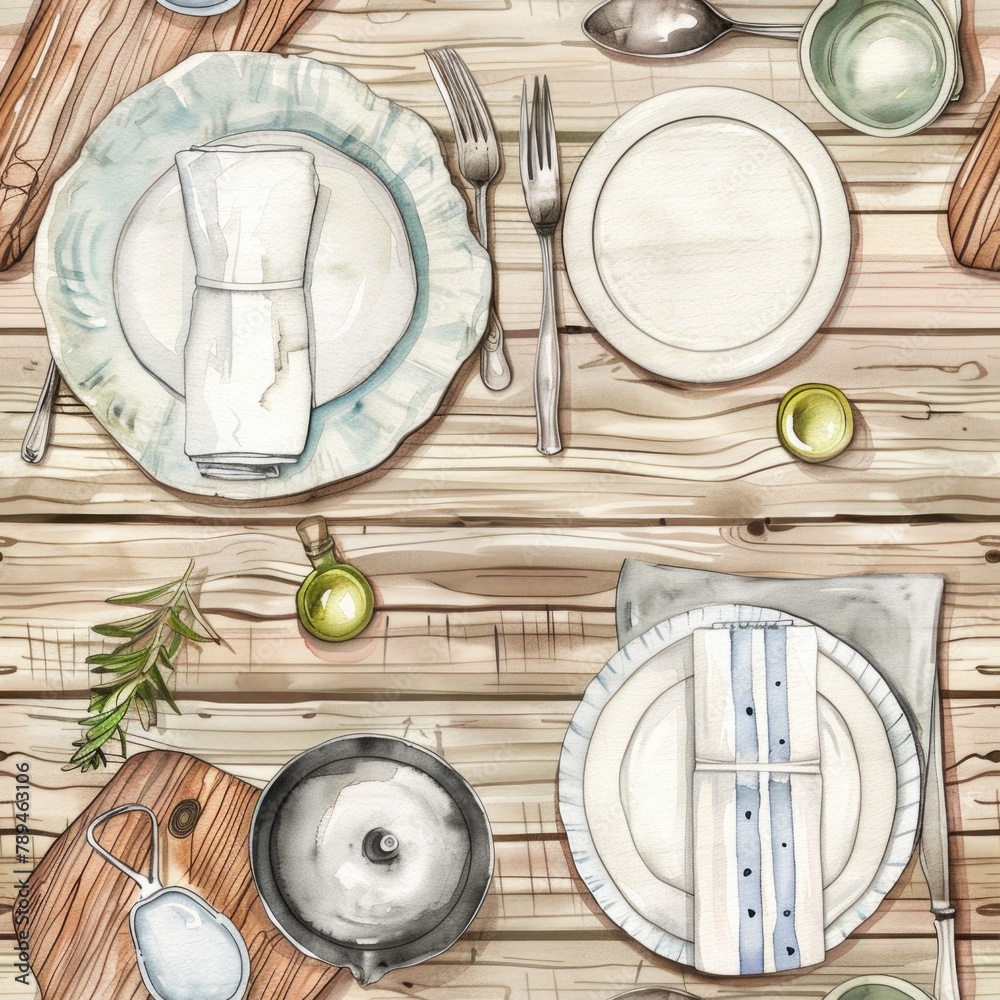Poster A drawing of a table set with plates and utensils. Suitable for restaurant menu design