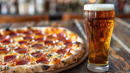 Pizza and beer on a wooden table in a pub or restaurant
generativa IA