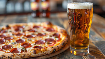 Pizza and beer on a wooden table in a pub. Restaurant
generativa IA
