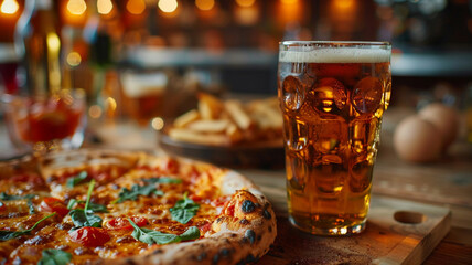 Pizza and beer on a wooden table in a pub or restaurant
generativa IA