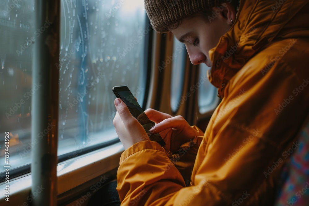 Poster A person looking at a cell phone in front of a window. Ideal for technology or communication concepts